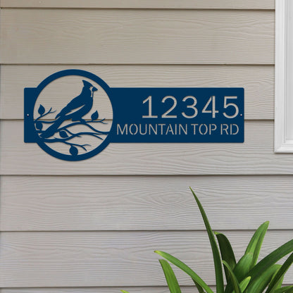 Customizable Cardinal Address Sign featuring a detailed red bird design, made from durable steel with large laser-cut numbers, perfect for enhancing home curb appeal and weather-resistant for lasting use.