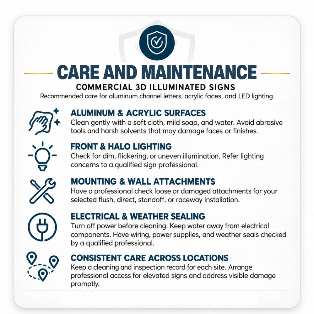 Care and maintenance instructions for commercial 3D illuminated signs