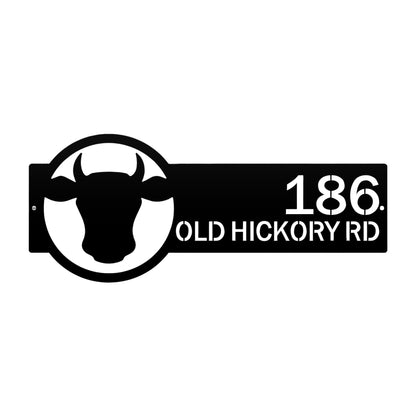 Cattle Farm Monogram Address Sign – Custom Street Numbers Sign features a black cow head logo within a circle, ideal for enhancing home décor and serving as a weather-resistant address plaque.