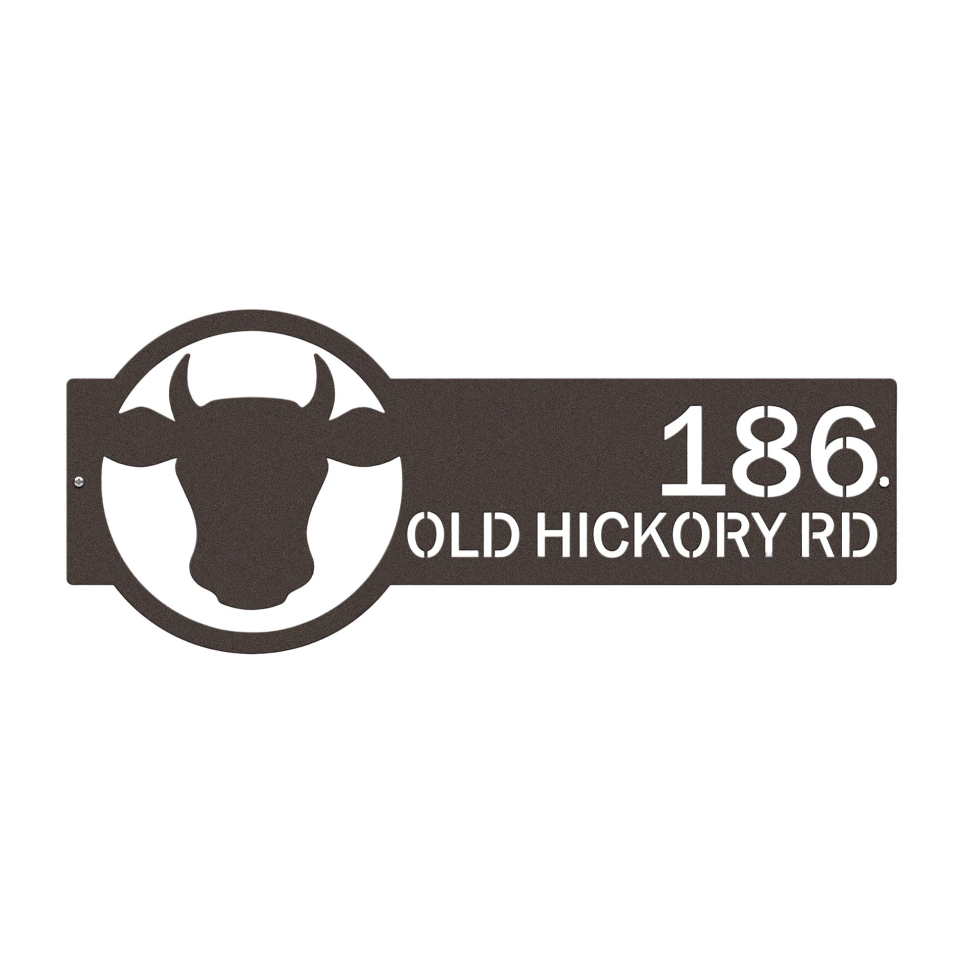 Cattle Farm Monogram Address Sign featuring a bull head design with custom street numbers, crafted from durable steel, showcasing precision laser-cut detailing for a charming farmhouse aesthetic.