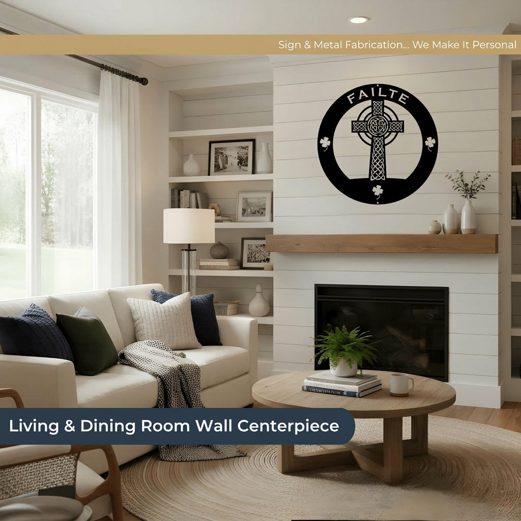 Large black Celtic cross metal wall sign above fireplace in cozy modern farmhouse living room