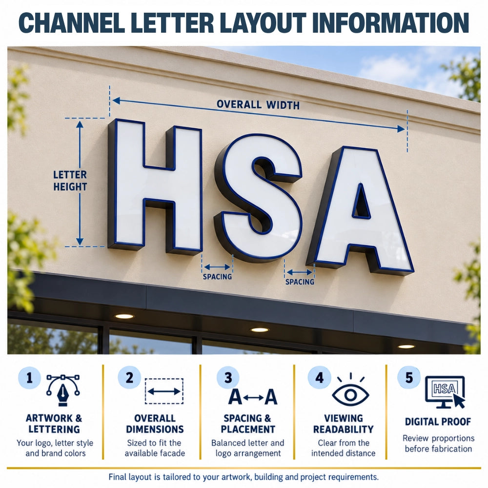 Diagram of available channel letter layouts for commercial storefront signs