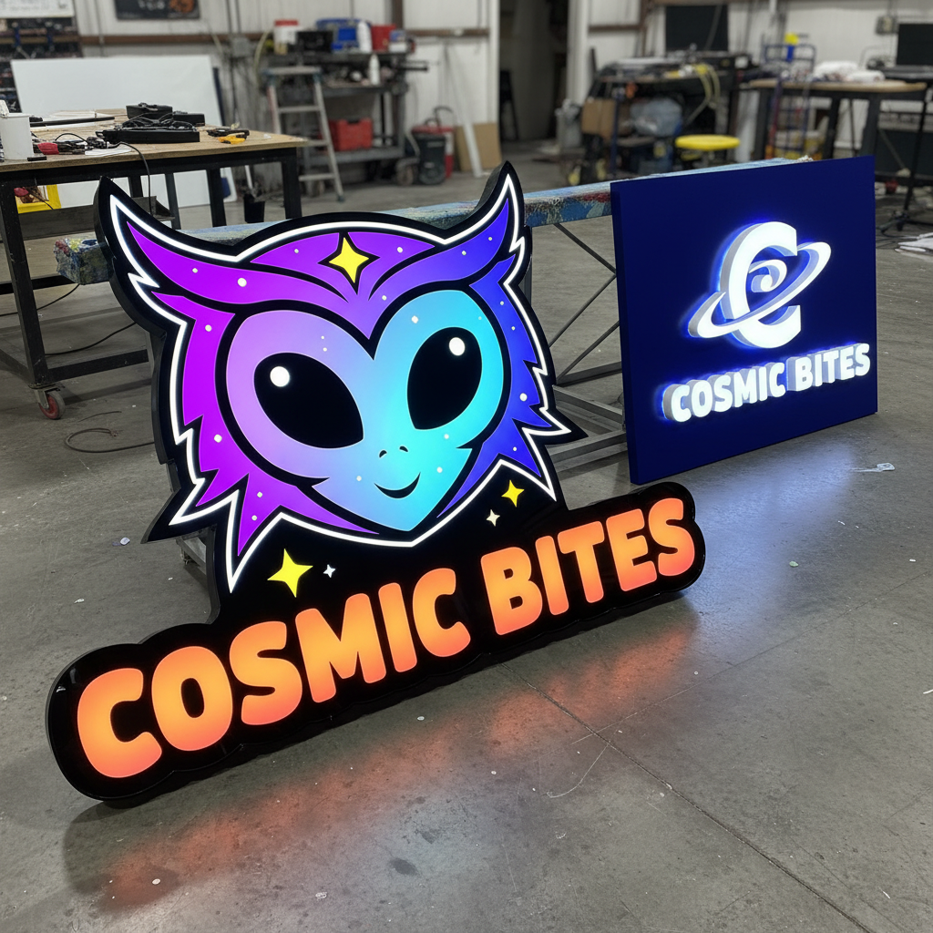 Cosmic Bites channel letter sign featuring an alien logo design on a workshop floor, highlighting custom illuminated signage for businesses.