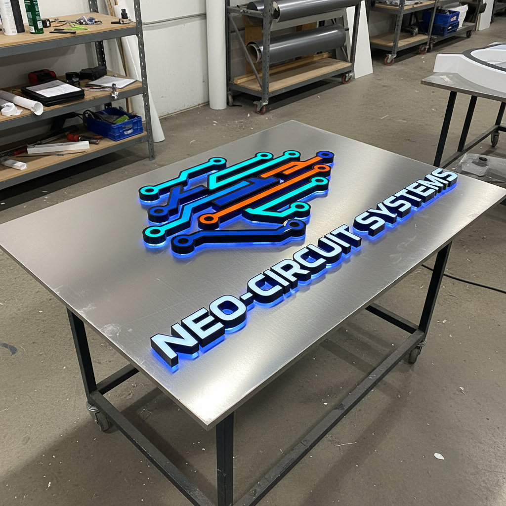 “Neo-Circuit Systems” 3D neon sign on a metal table in a workshop, showcasing custom illuminated signage and channel letter production.