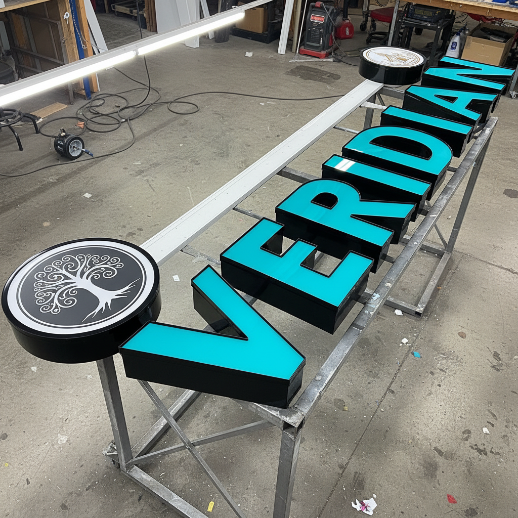 Large “VERIDIAN” channel letter sign with decorative accents on a metal stand in an industrial setting, showcasing custom illuminated signage for business branding.