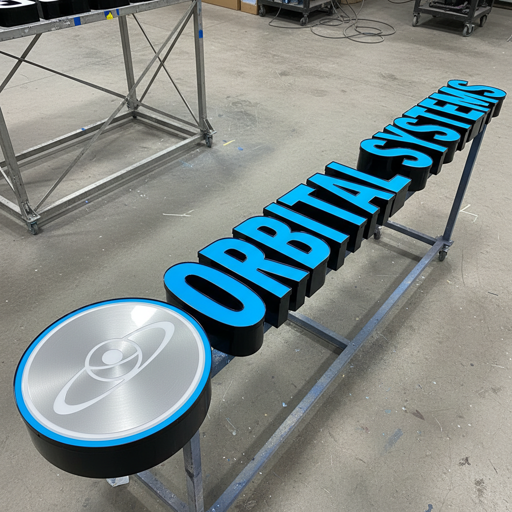 "Orbital Systems" channel letter sign on a display stand in an industrial setting, showcasing custom illuminated signage for corporate branding.