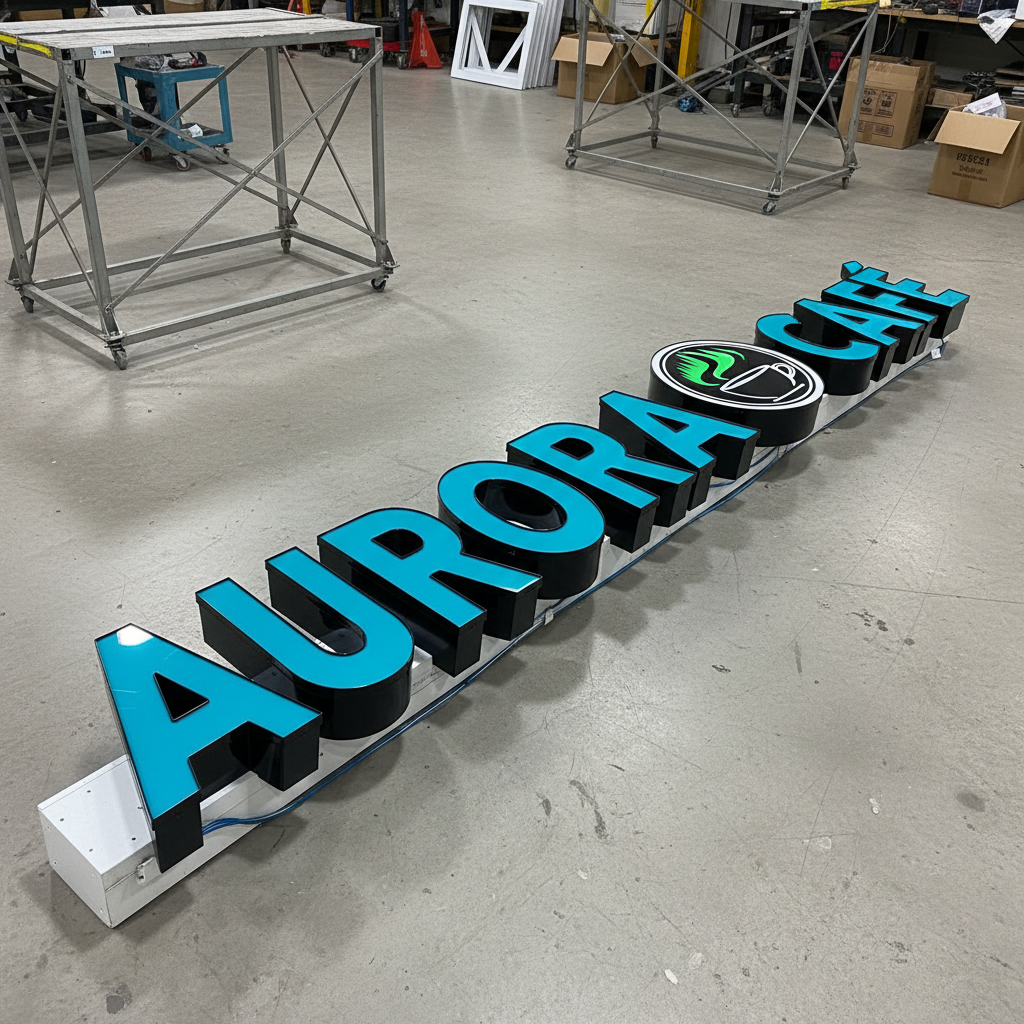 Large “Aurora Cafe” channel letter sign in teal and black on a concrete floor, highlighting custom illuminated signage for businesses.