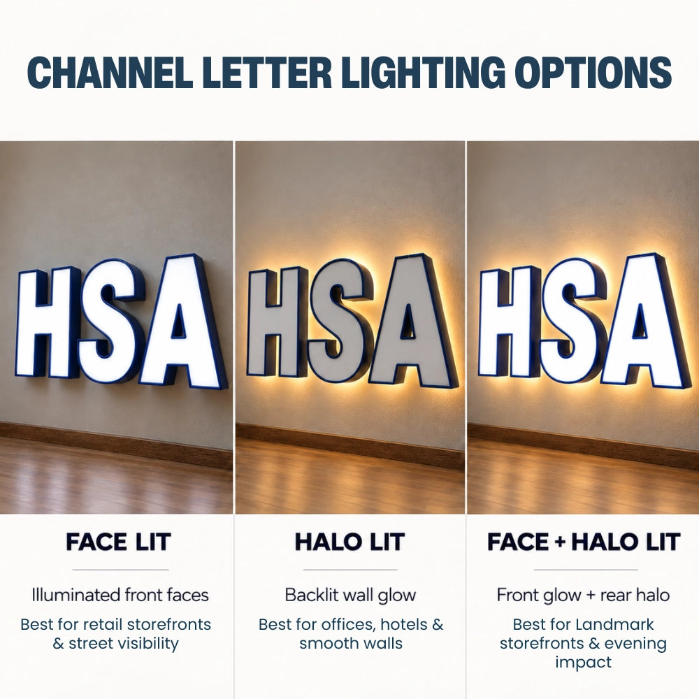 Diagram comparing face-lit, halo-lit, and combined-lit channel letter signs