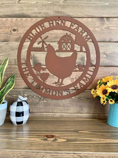 Chicken on Farm Metal Sign featuring a chicken, windmill, and floral design, ideal for outdoor decor. Customizable with text and size options, laser-cut with weather-resistant finish. Perfect housewarming gift.