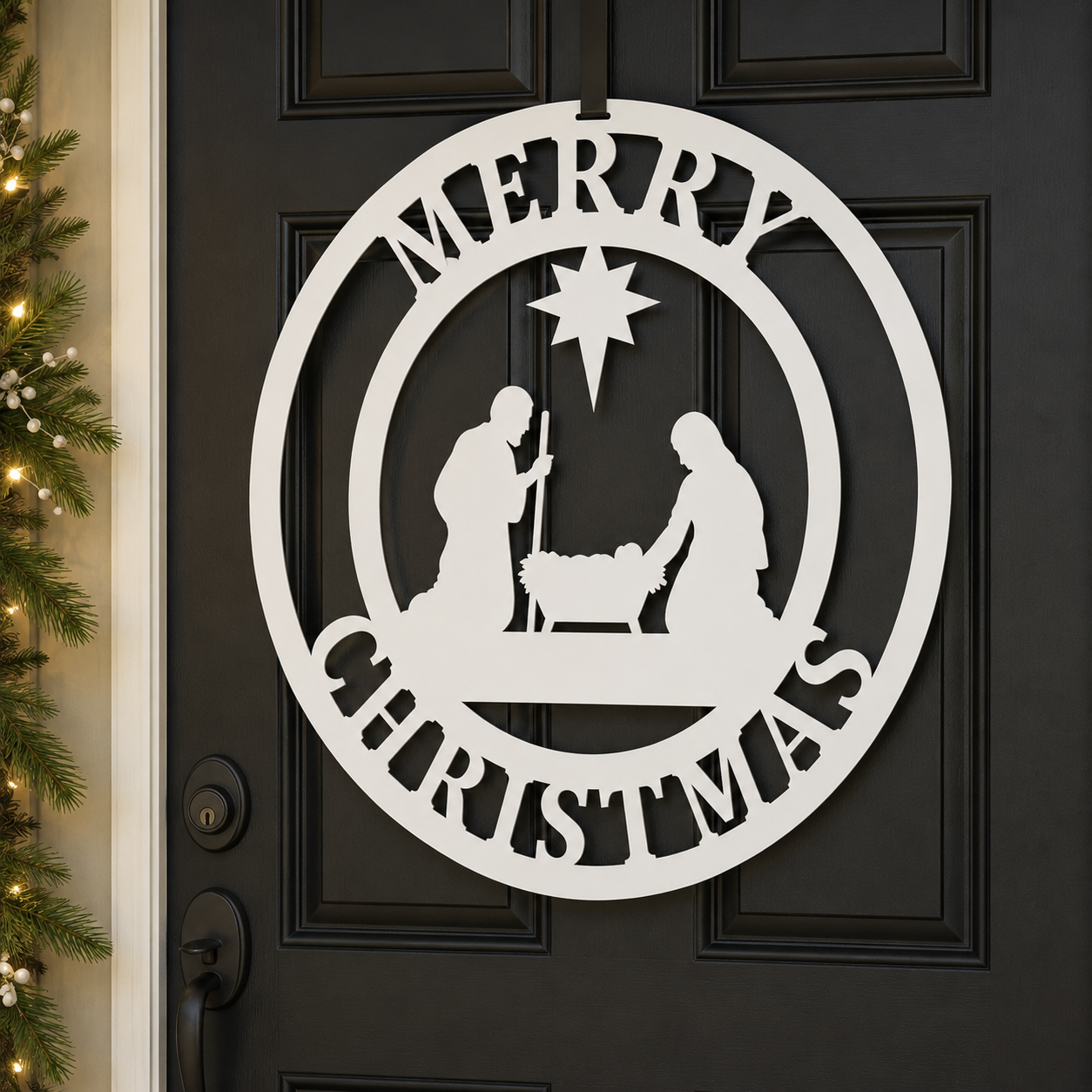 Carteles para puertas de Navidad – Escena rústica de Nacimiento para un encanto festivo