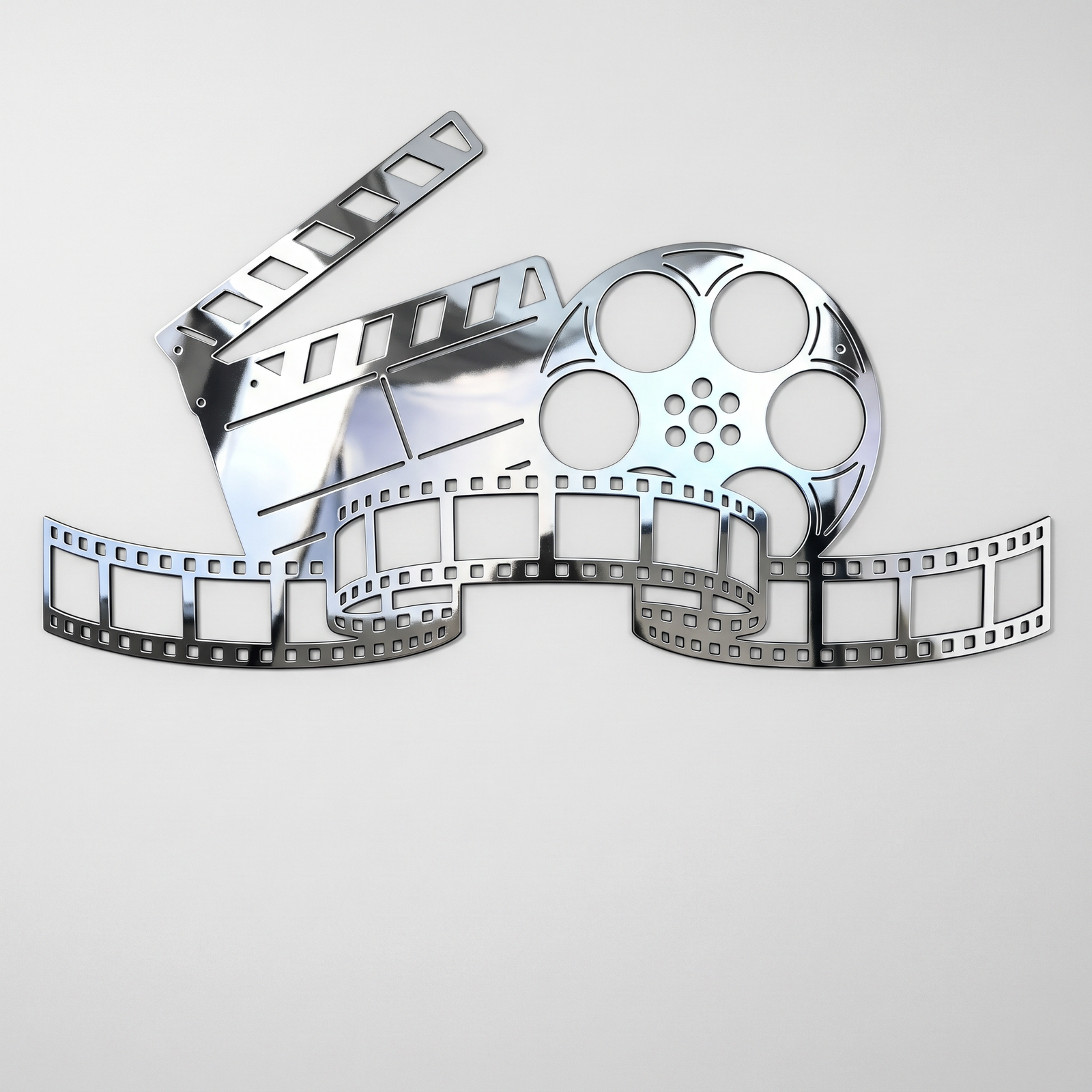 Polished chrome movie clapper and film reel metal wall art decoration
