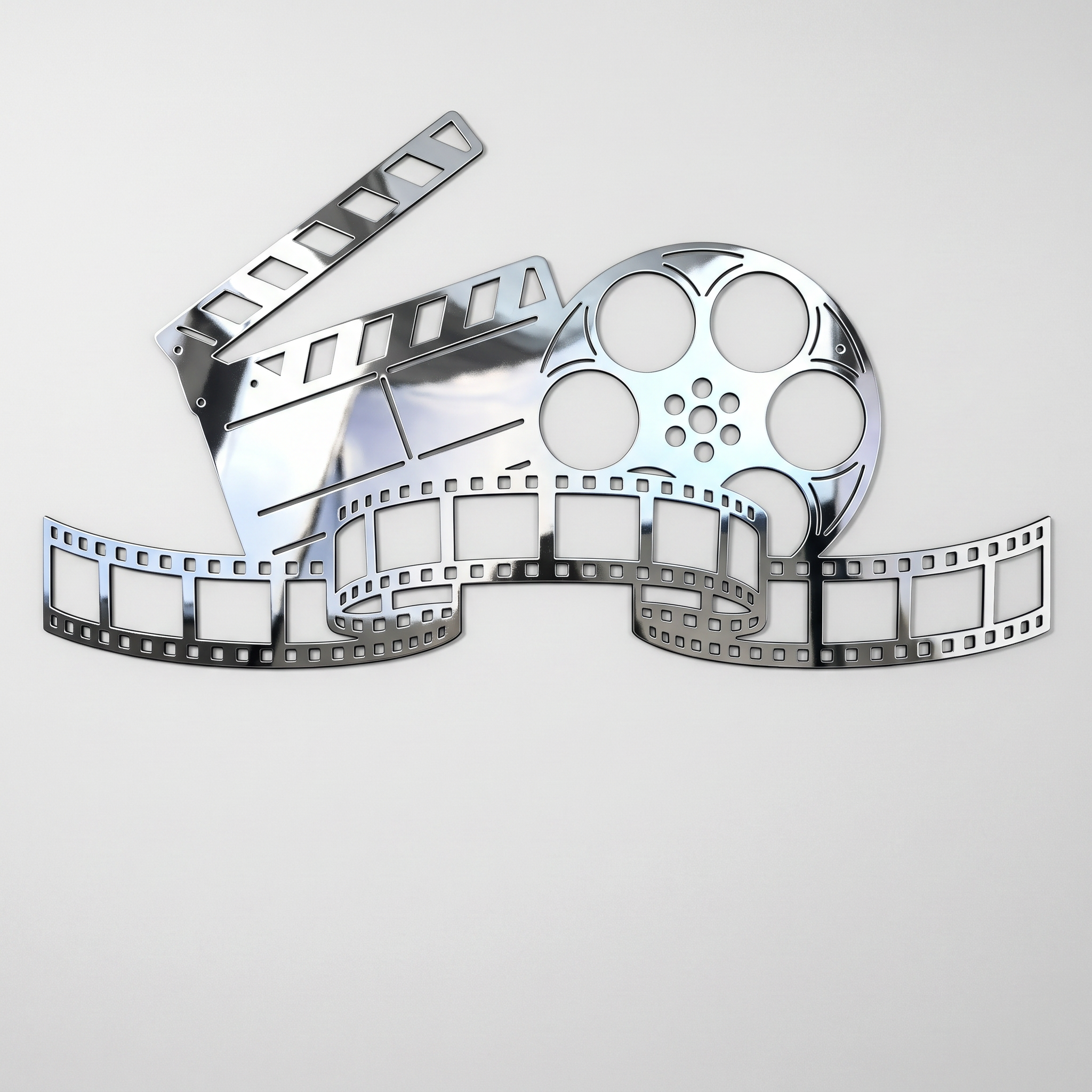 Polished chrome movie clapper and film reel metal wall art decoration