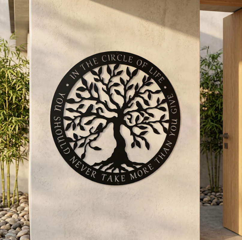 A deep onyx black circular metal sign featuring a cutout Tree of Life and the philosophical phrase "IN THE CIRCLE OF LIFE, YOU SHOULD NEVER TAKE MORE THAN YOU GIVE" on its outer rim. The medallion hangs on a weathered white wall above a stone countertop flanked by large split-leaf monstera plants.
