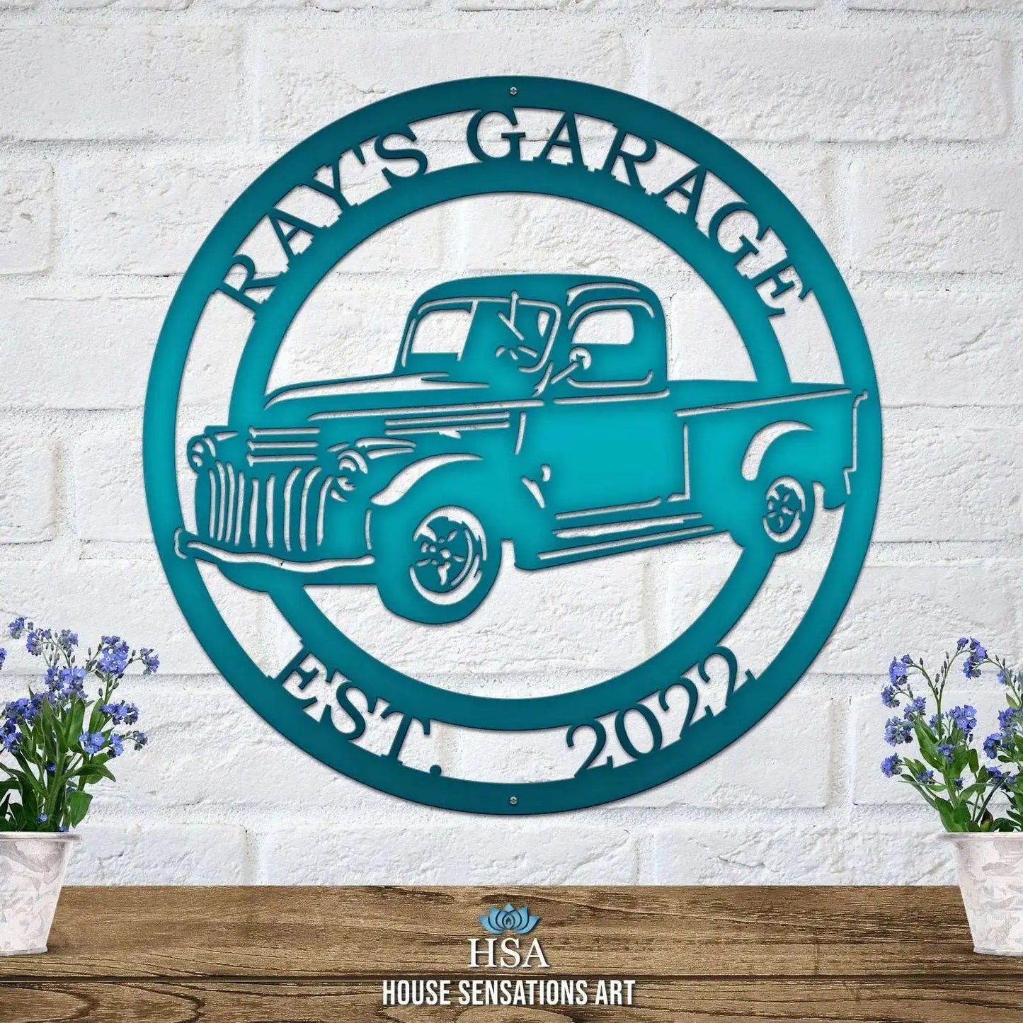 Custom metal truck sign with laser-cut classic truck design, ideal for home or garage decor. Personalizable and weather-resistant, perfect for truck enthusiasts seeking a unique, durable piece from HouseSensationsArt.