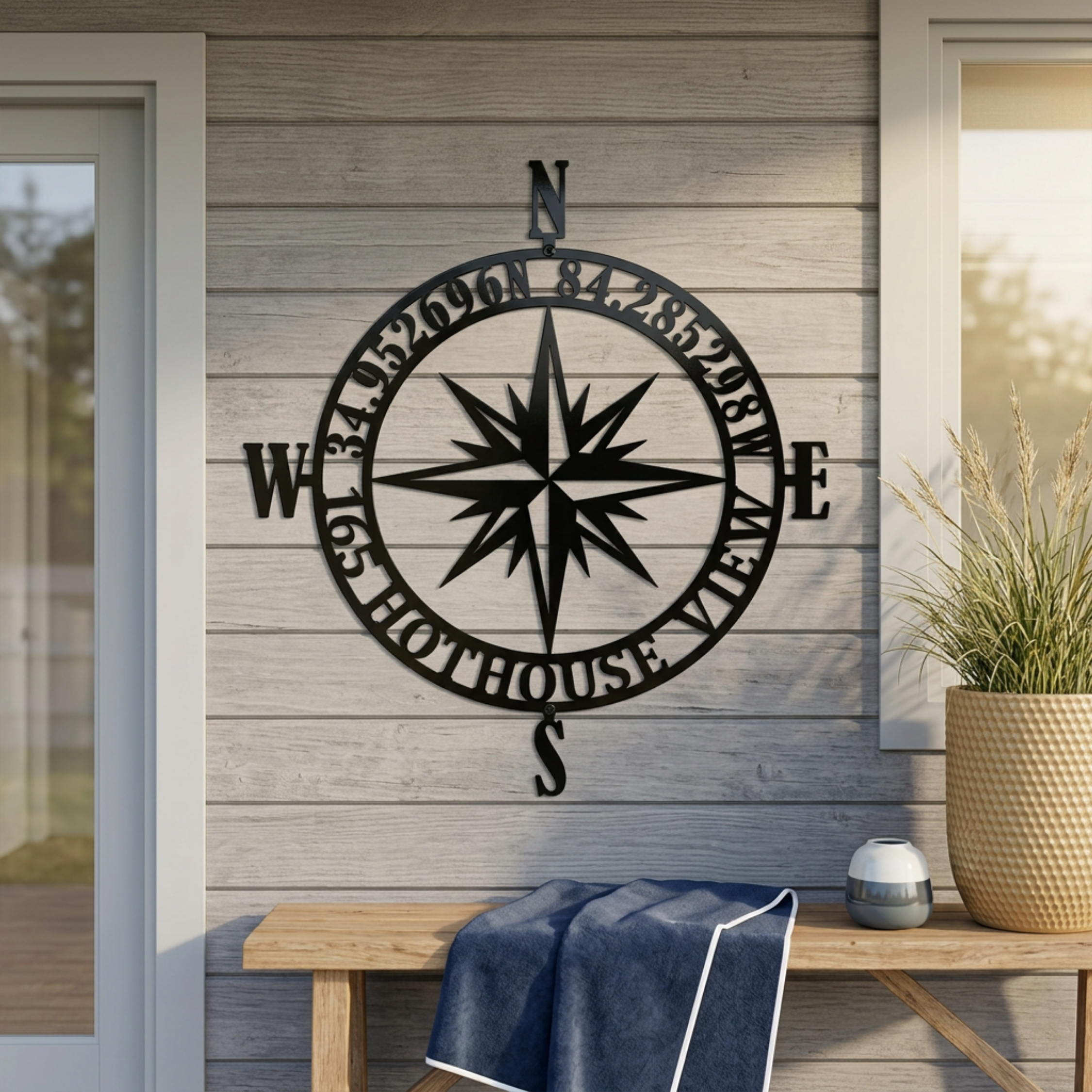 Classic Black Personalized Metal Compass Rose Address Sign installed on a light gray horizontal wood siding exterior wall.