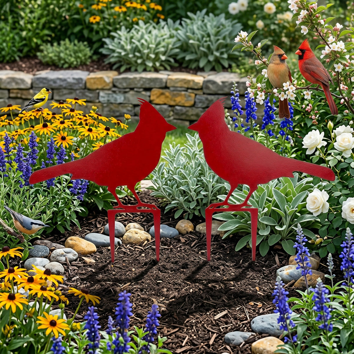 Red metal cardinal garden stakes showcased in vibrant flower garden with blooming plants and decorative stone border