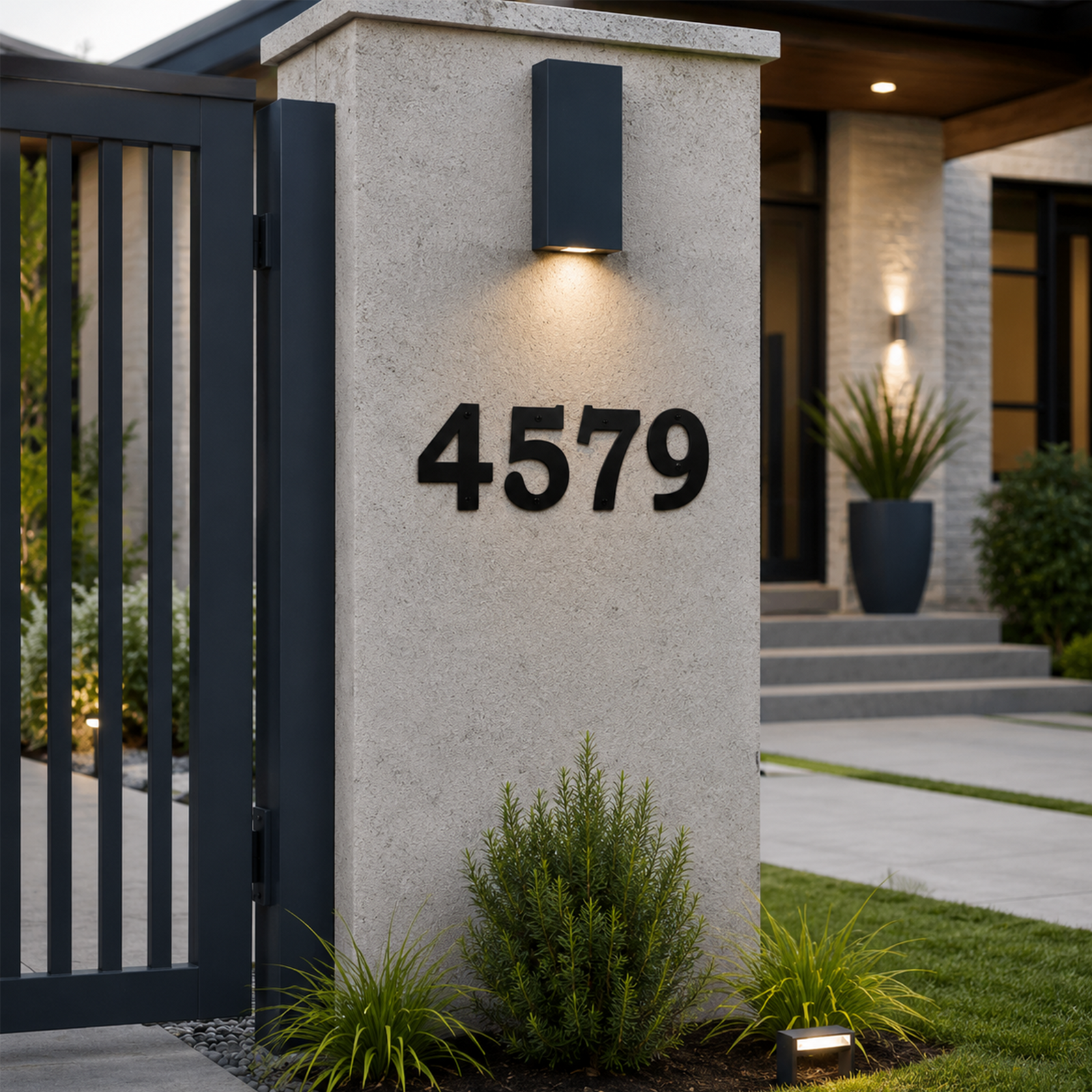 A close-up shows the address digits "4579" in a dark charcoal metal finish mounted on a modern concrete gate post. The scene includes a vertical-slat security gate to the left and a softly lit concrete walkway leading toward a luxury home in the background.