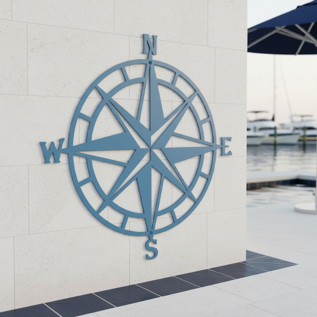 A large light blue metal compass rose sign fixed to an outdoor cream-colored tiled wall by a swimming pool, with a glimpse of a marina dock and boats in the background.