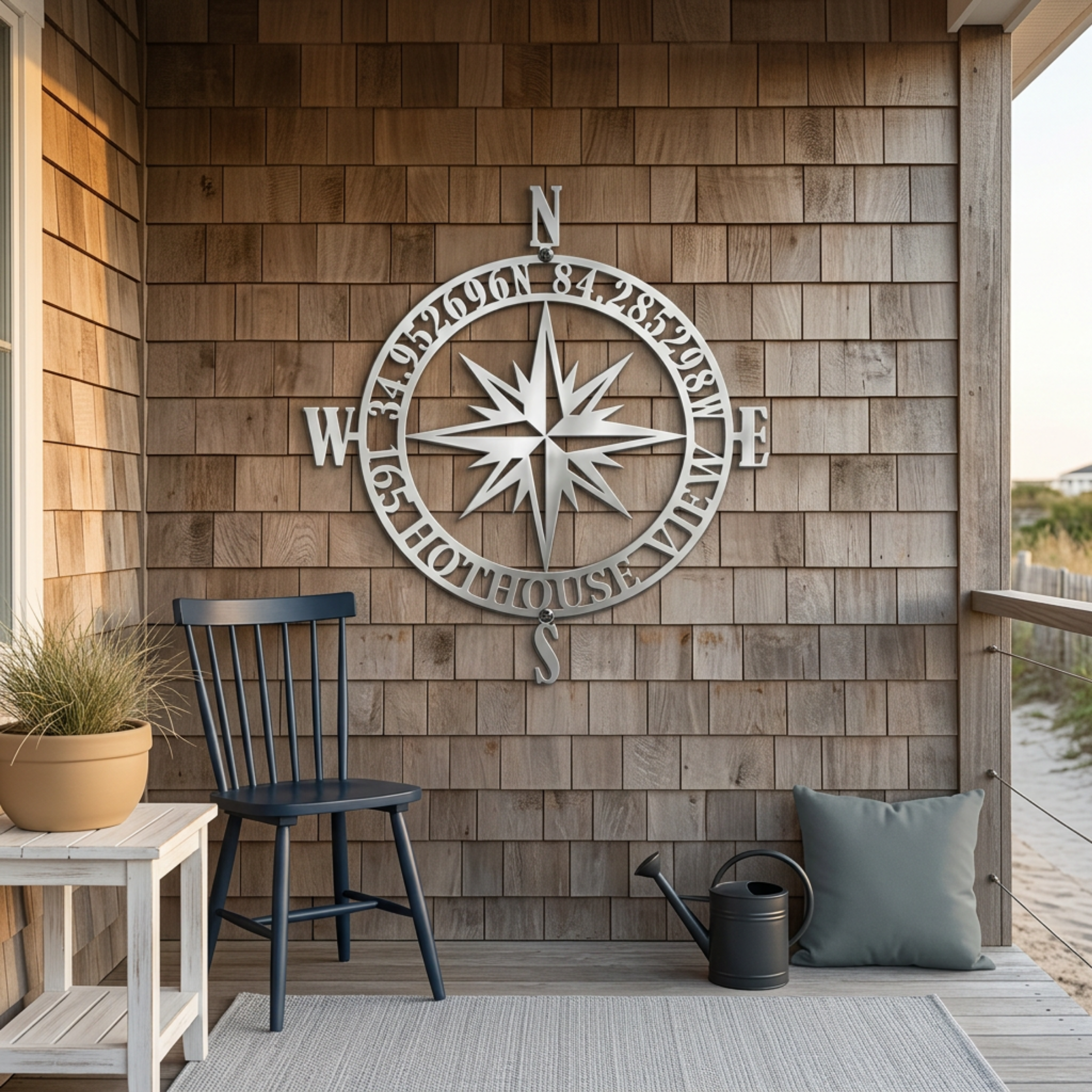 Coastal Custom GPS Coordinates Compass Metal Sign in silver stainless steel, hanging on a weathered wood shingle beach house porch.