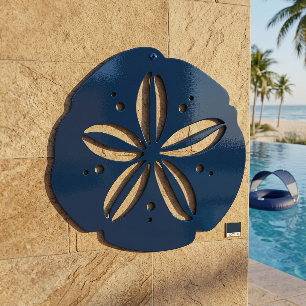  A medium blue metal sand dollar wall sculpture mounted on a textured tan stone wall next to an outdoor swimming pool, with palm trees and the ocean beach in the background.