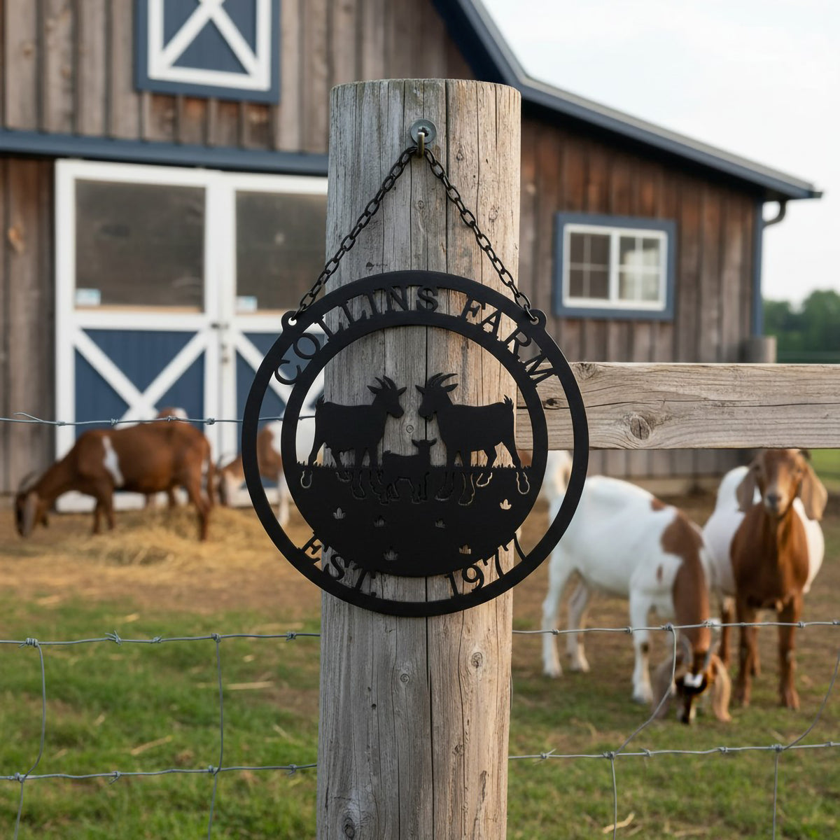Black Collins Farm goat metal sign hanging on wooden fence post with goats and barn in the background