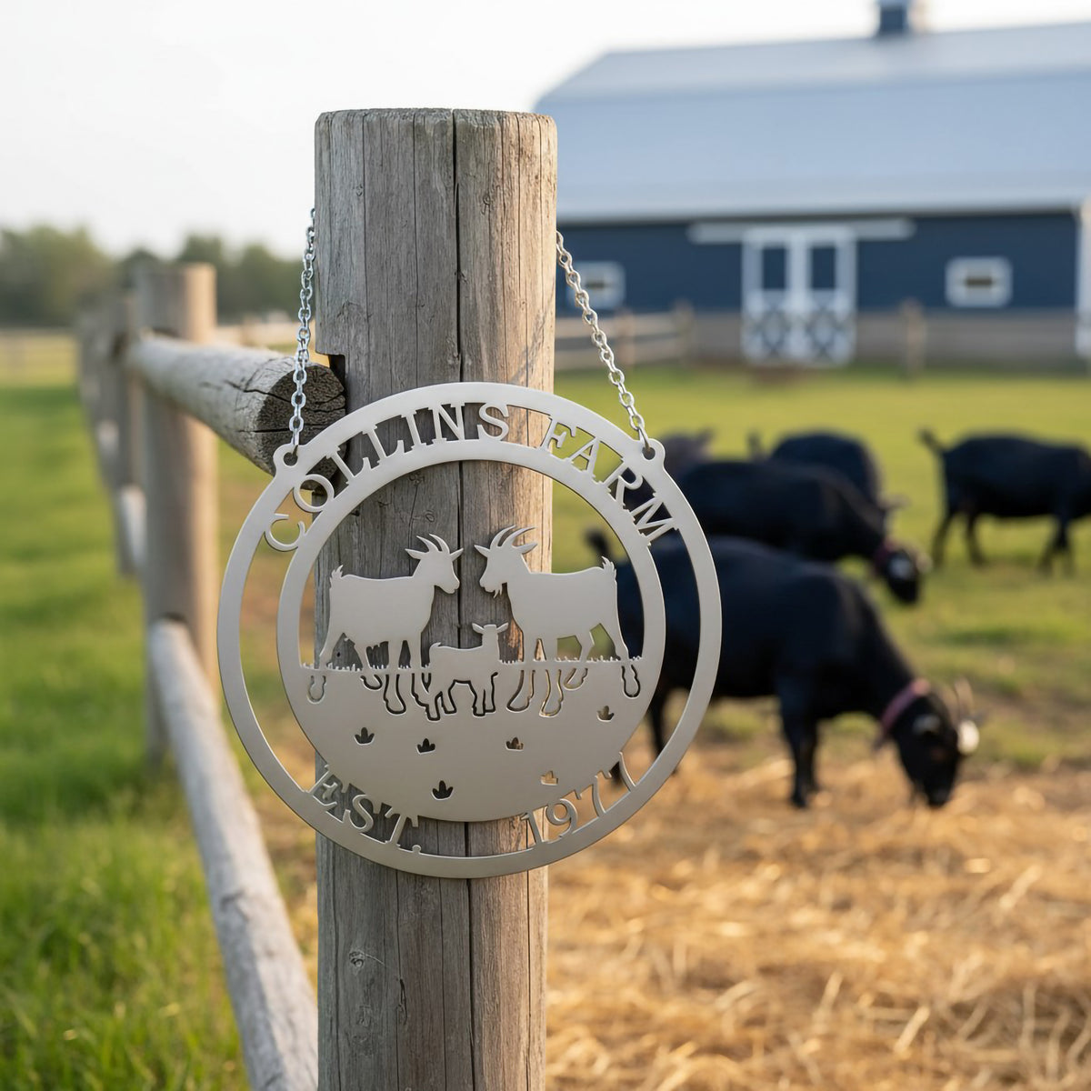 Cream Collins Farm goat metal wall sign displayed on blue barn wall with goats grazing below