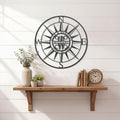 Custom compass rose metal wall art displayed above wooden shelf with minimalist farmhouse decor and clock