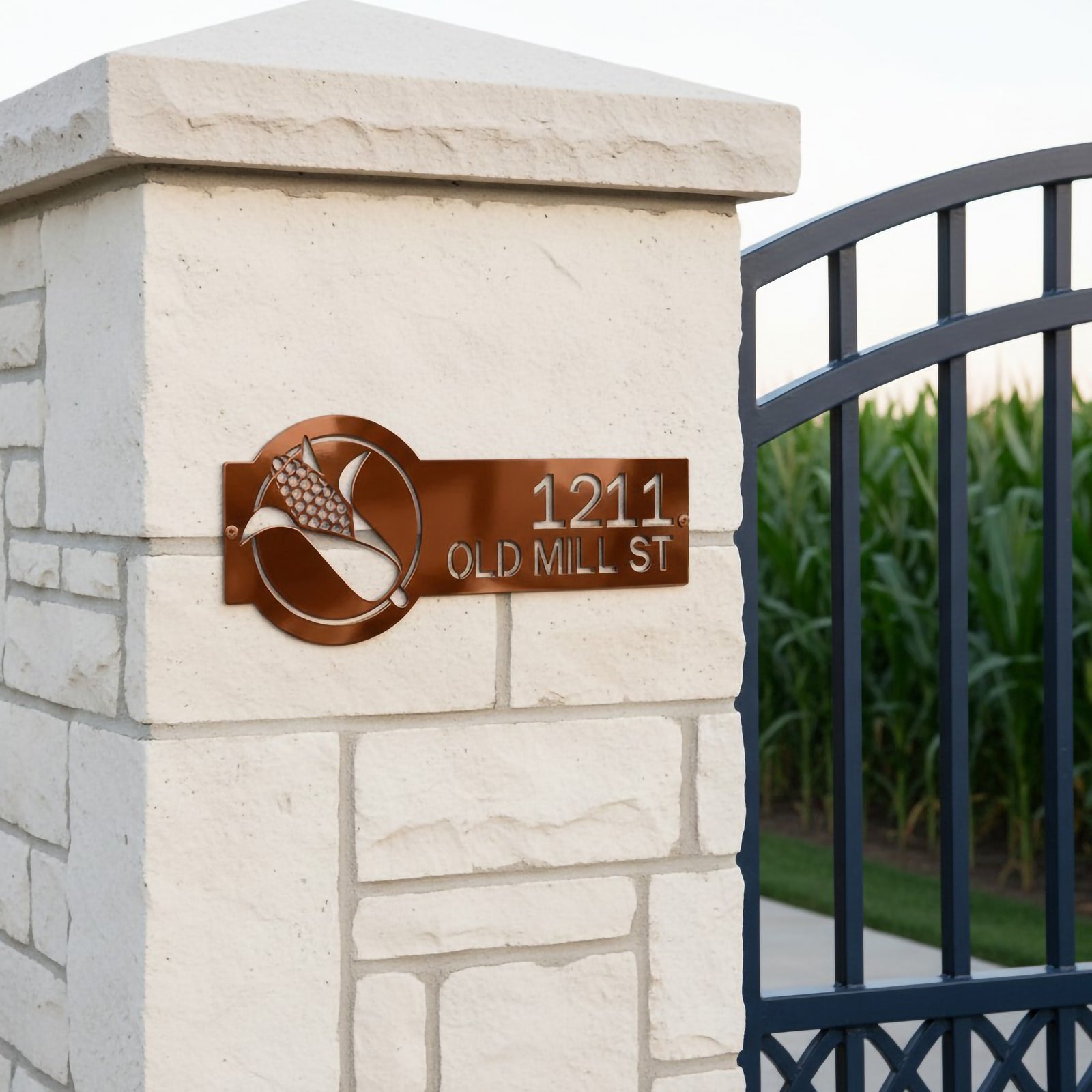 Copper corn farm address sign with 1211 Old Mill St mounted on a white stone pillar beside a black gate and cornfield