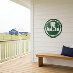 Copper Forest View Farm horse metal sign mounted on white shiplap wall in a rustic farmhouse interior