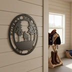 Copper Forest View Farm metal sign with horse and pine trees mounted on a white brick wall beside a farmhouse window