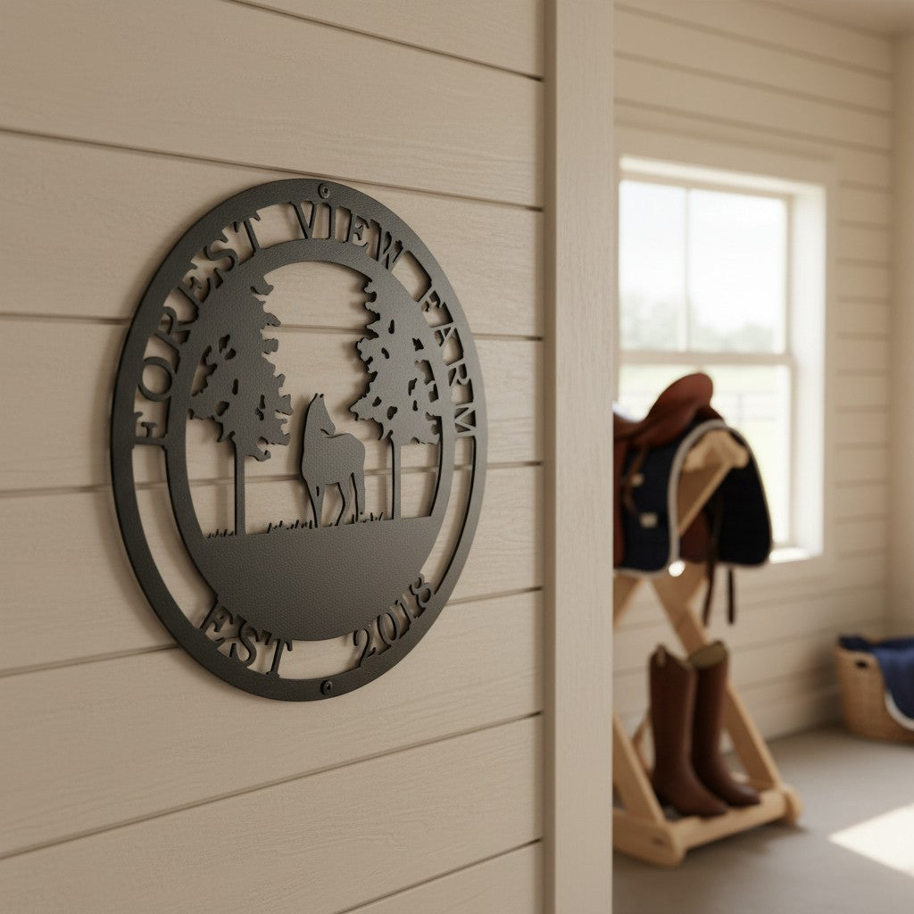 Copper Forest View Farm metal sign with horse and pine trees mounted on a white brick wall beside a farmhouse window