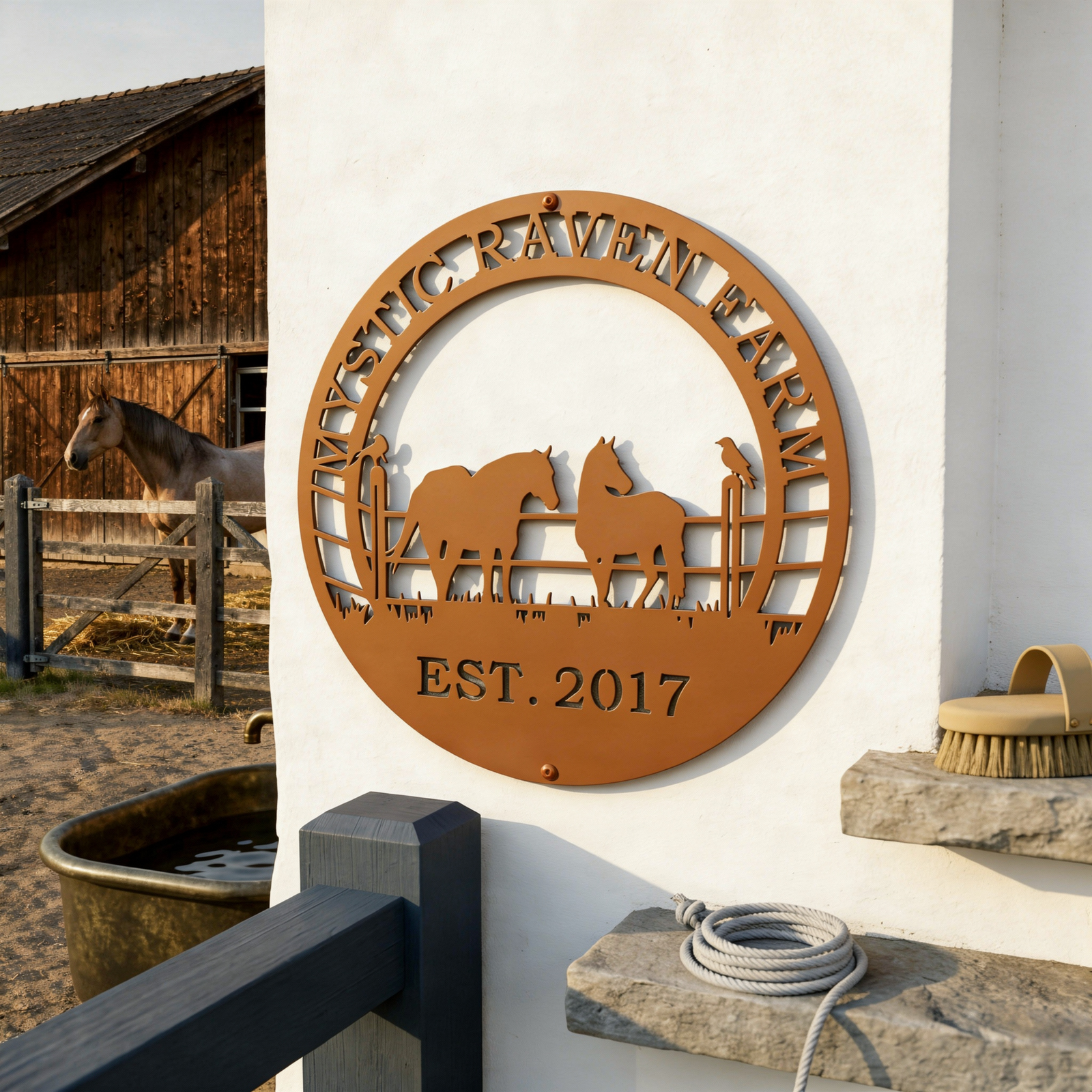 Copper Mystic Raven Farm metal wall sign with two horses and fence design displayed on a white barn wall near stable decor