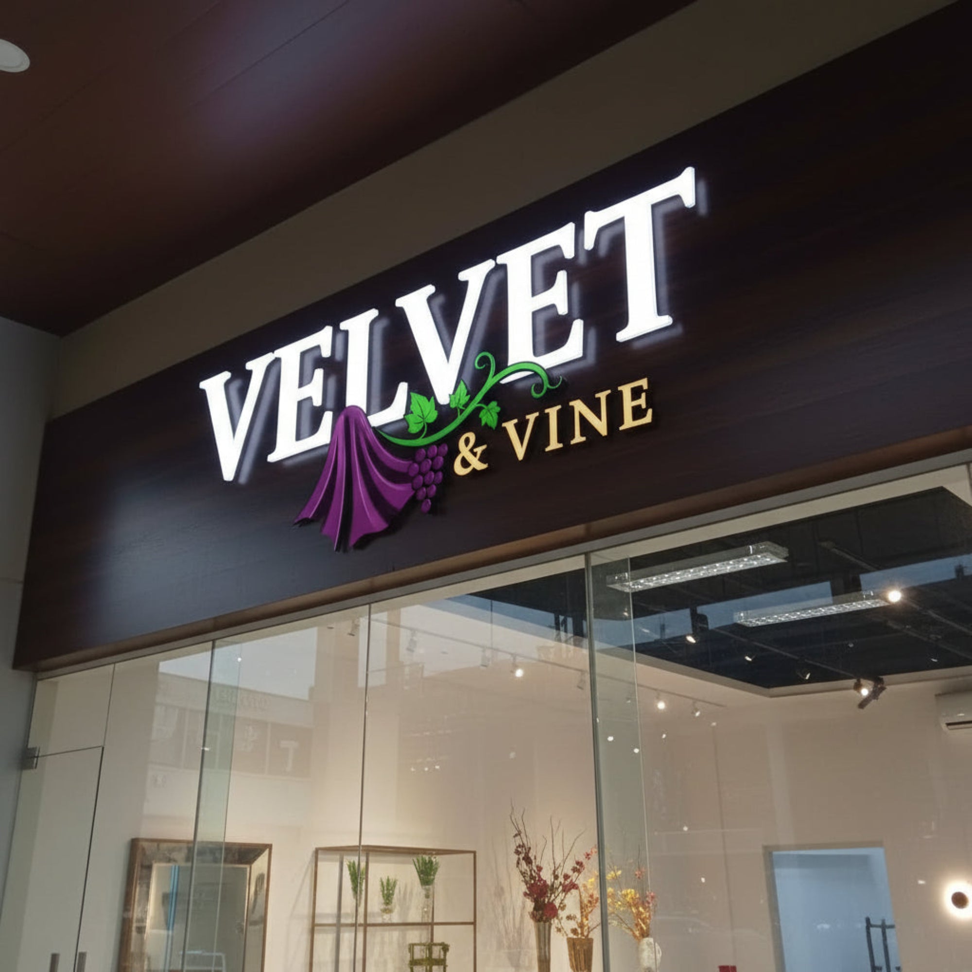 "Velvet & Vine" storefront featuring custom channel letter sign above glass doors, showcasing business signage and branding.
