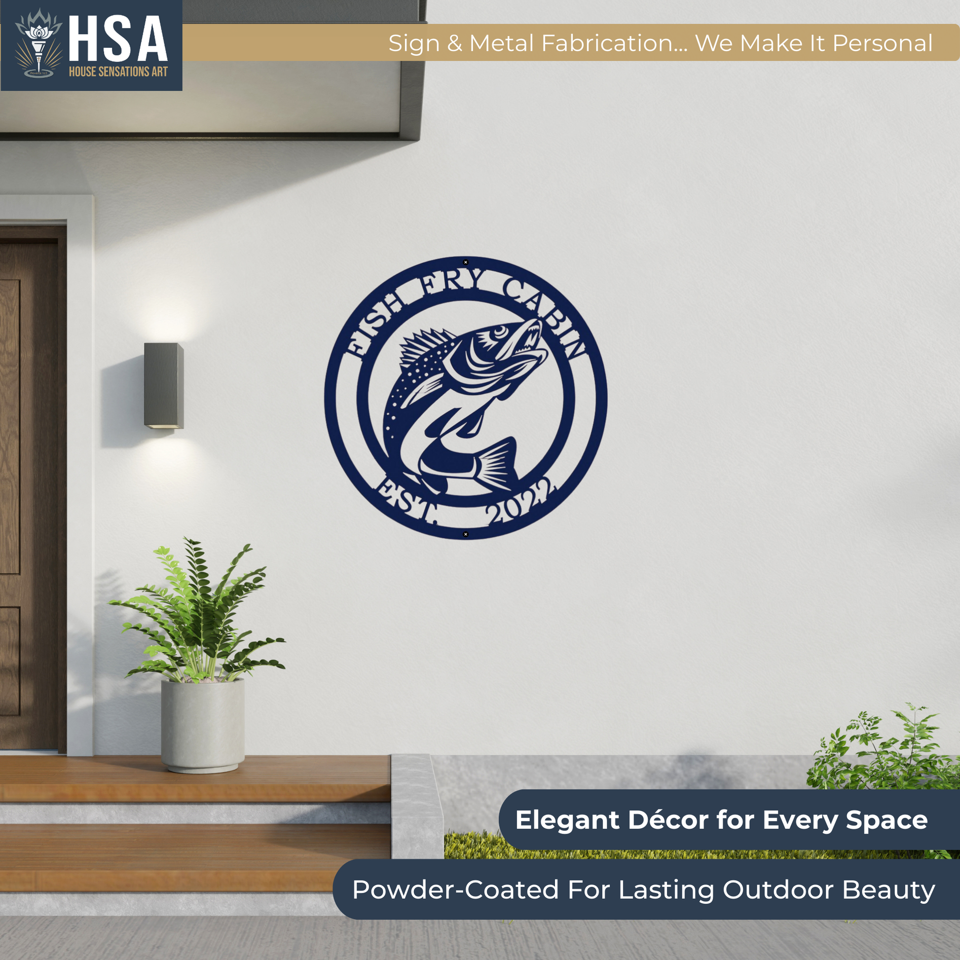 Custom metal fish wall art with powder coated steel, HSA Sign & Metal Fabrication branding, decorative coastal design on white wall, personalized outdoor or indoor lake house décor, custom color metal signage for front door or entry display
