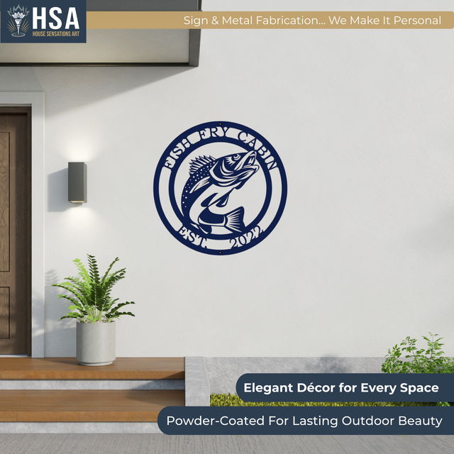 Custom metal fish wall art with powder coated steel, HSA Sign & Metal Fabrication branding, decorative coastal design on white wall, personalized outdoor or indoor lake house décor, custom color metal signage for front door or entry display