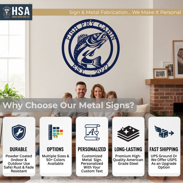 Family sitting on couch with custom metal fish wall art displayed on white wall, powder coated steel decorative coastal design, personalized outdoor or indoor lake house décor, front door or living room entry metal signage with custom color options