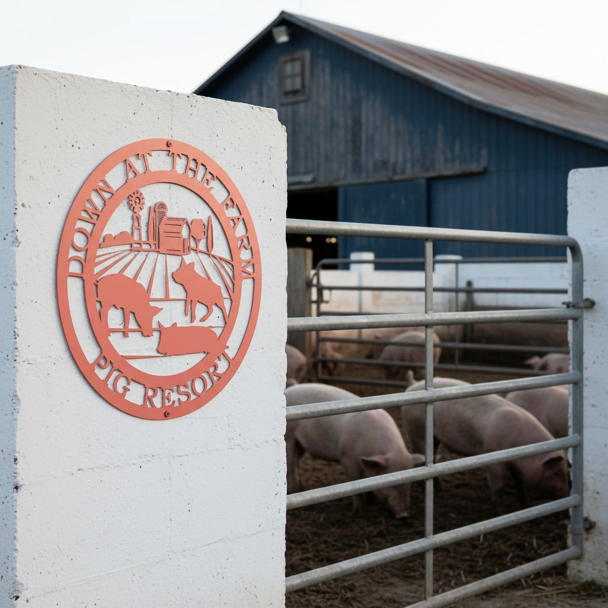 Coral pink pig farm metal sign displayed on a white outdoor farm wall near a pig pen