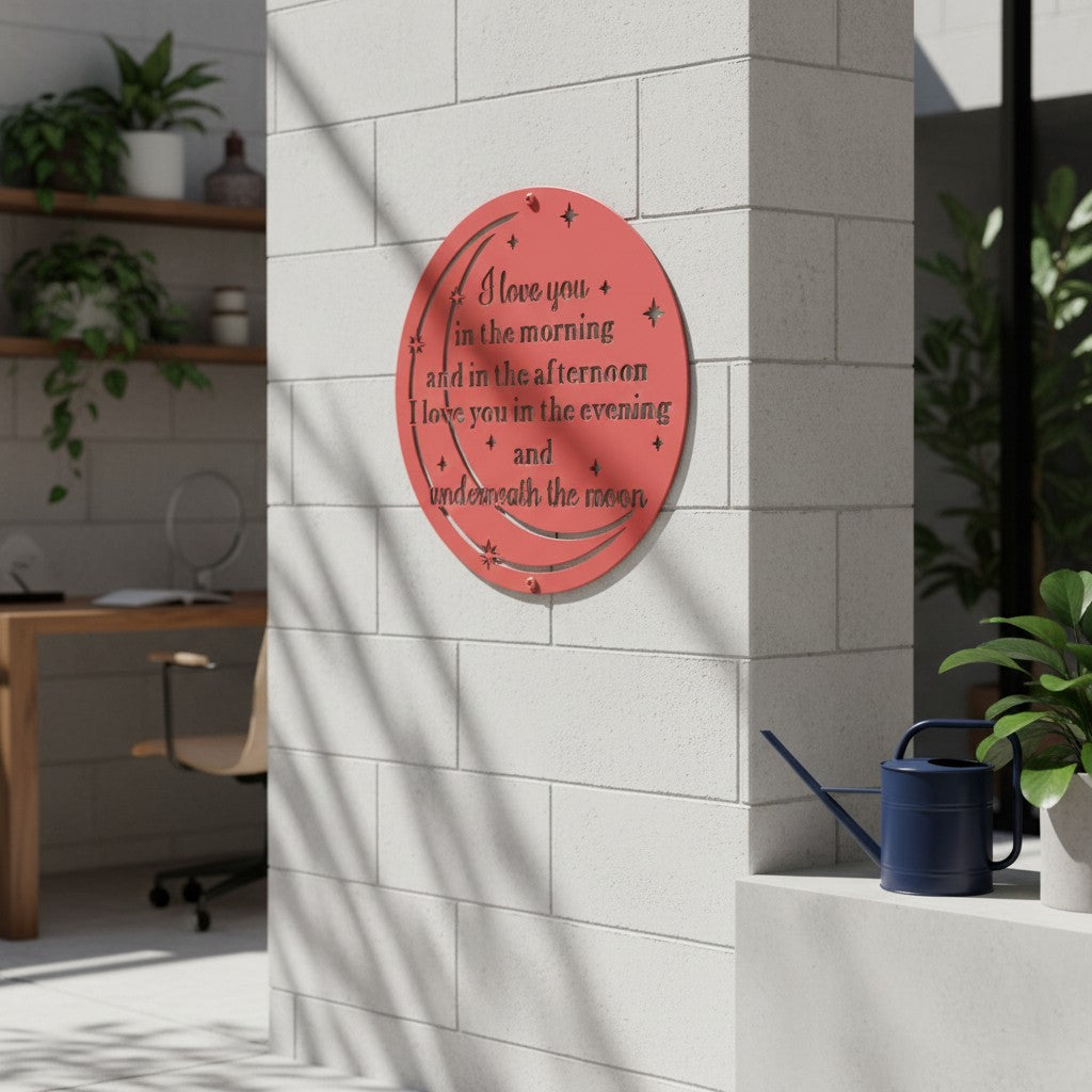 Vibrant coral red custom circular metal sign with cutout lyrics mounted on a modern concrete block wall in an outdoor patio workspace.