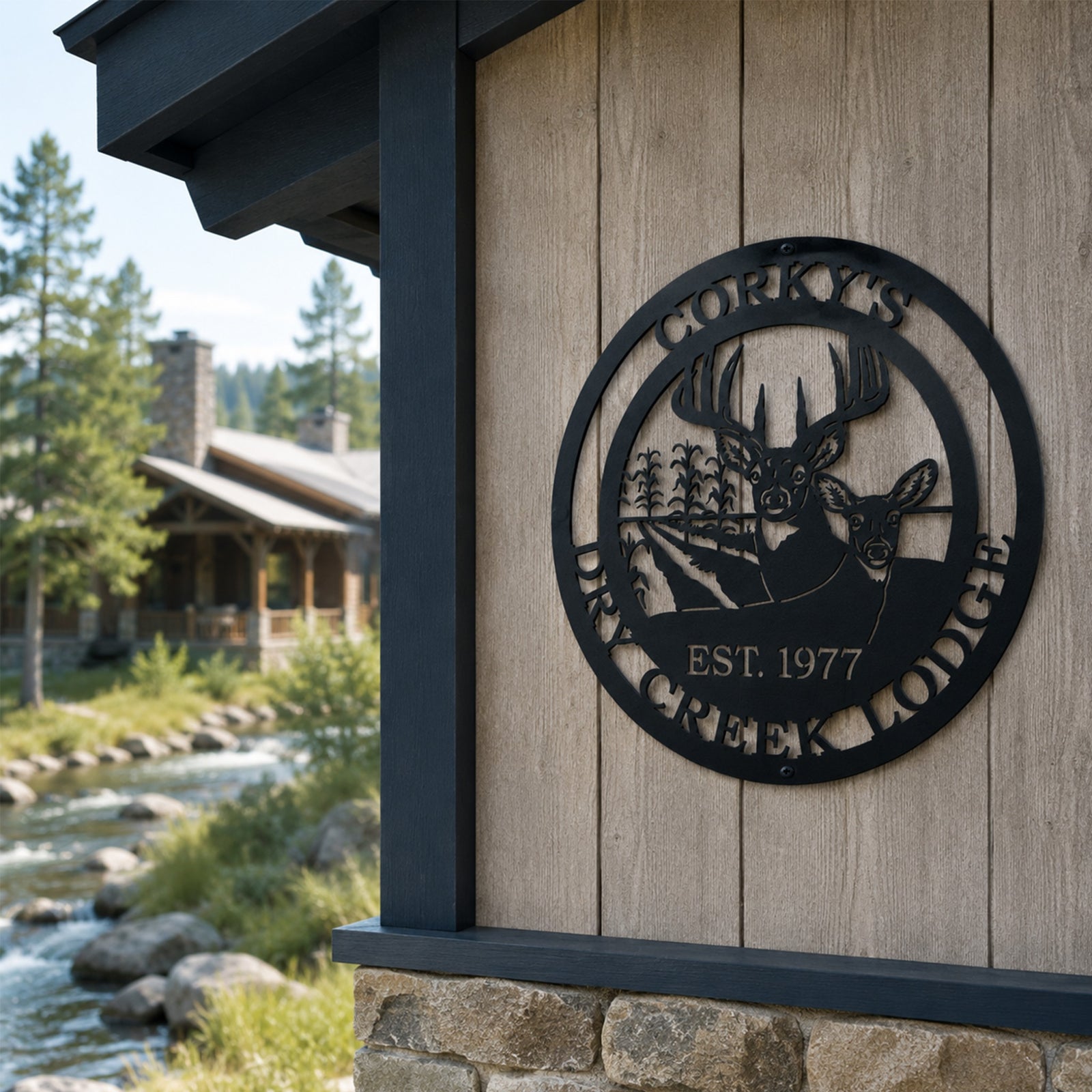 Black custom Corky’s Dry Creek Lodge deer metal sign mounted on wood siding near a creek and mountain lodge