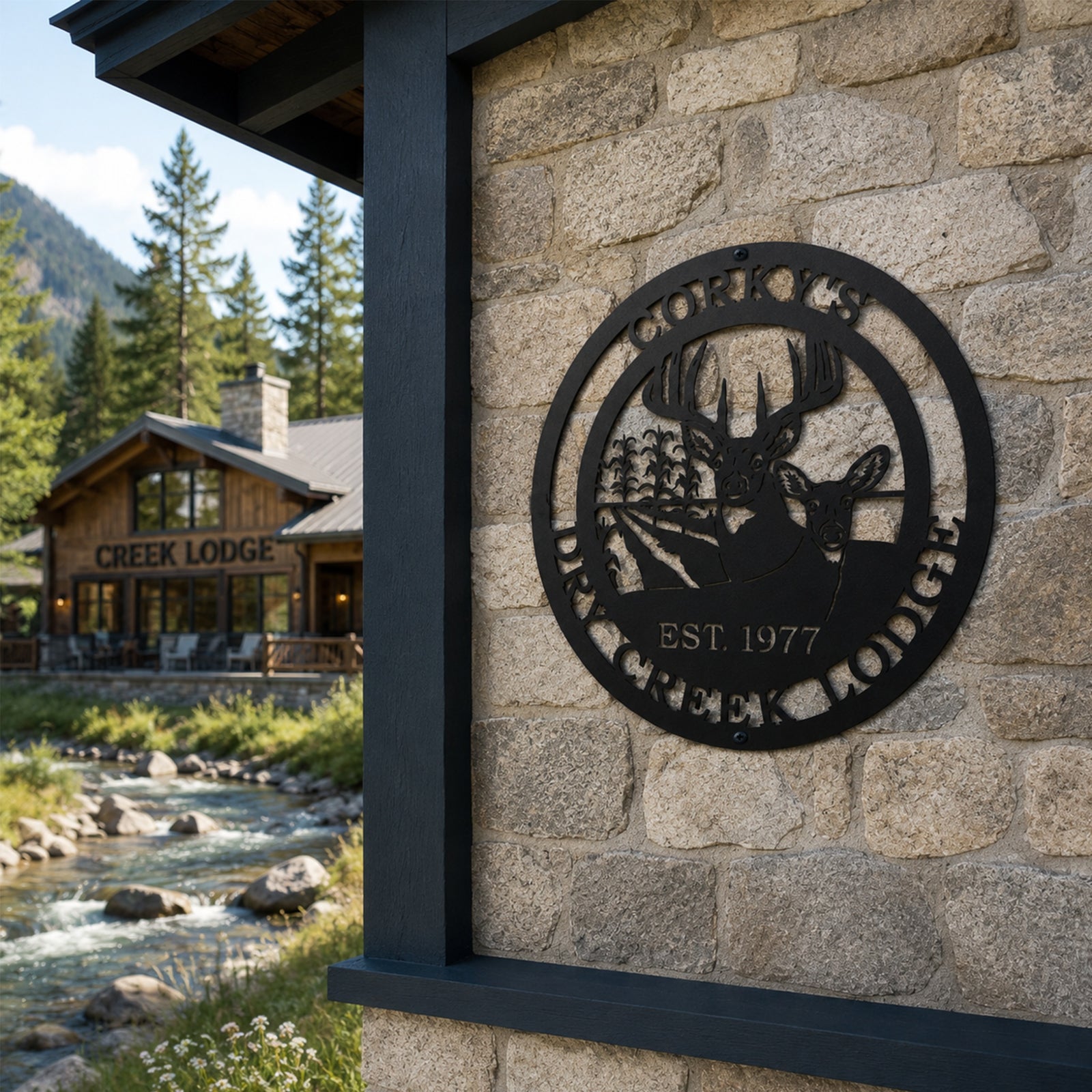 Black personalized Corky’s Dry Creek Lodge metal sign with deer design mounted on a rustic stone wall near a mountain creek lodge