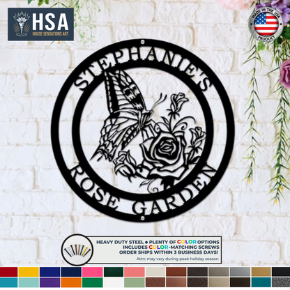 Decorative wall metal sign with tree design and 'HSA' branding on a wooden background.