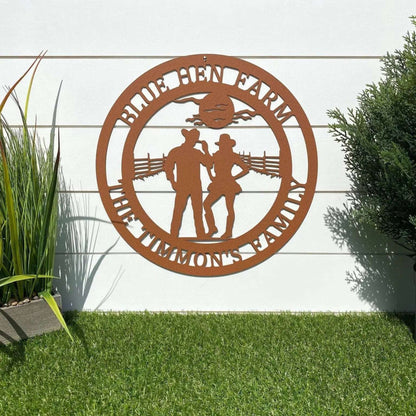 Cowboy Cowgirl Ranch Sign - Custom Metal House Number Plaque features a brown silhouette of a cowboy and cheerleader, perfect for outdoor decor in gardens, yards, or farms. Ideal housewarming gift for animal lovers.