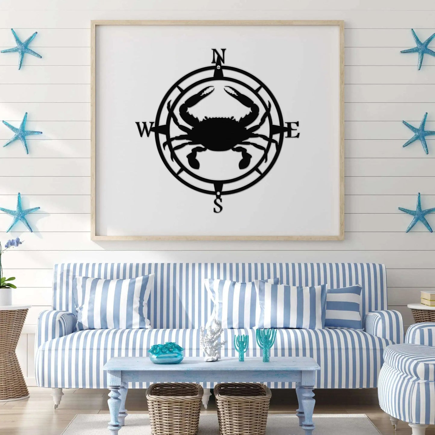 Crab Compass Wall Décor Personalized GPS Coordinates - Personalized Nautical Wall Art, Family Name & Date - Indoor Outdoor Metal Decor, Housewarming or Wedding Gift for Couples