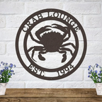 A dark, circular metal sign with a detailed crab cutout and the text 'CRAB LOUNGE EST. 1994'.