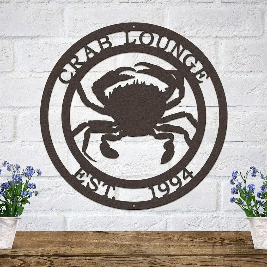 A dark, circular metal sign with a detailed crab cutout and the text 'CRAB LOUNGE EST. 1994'.