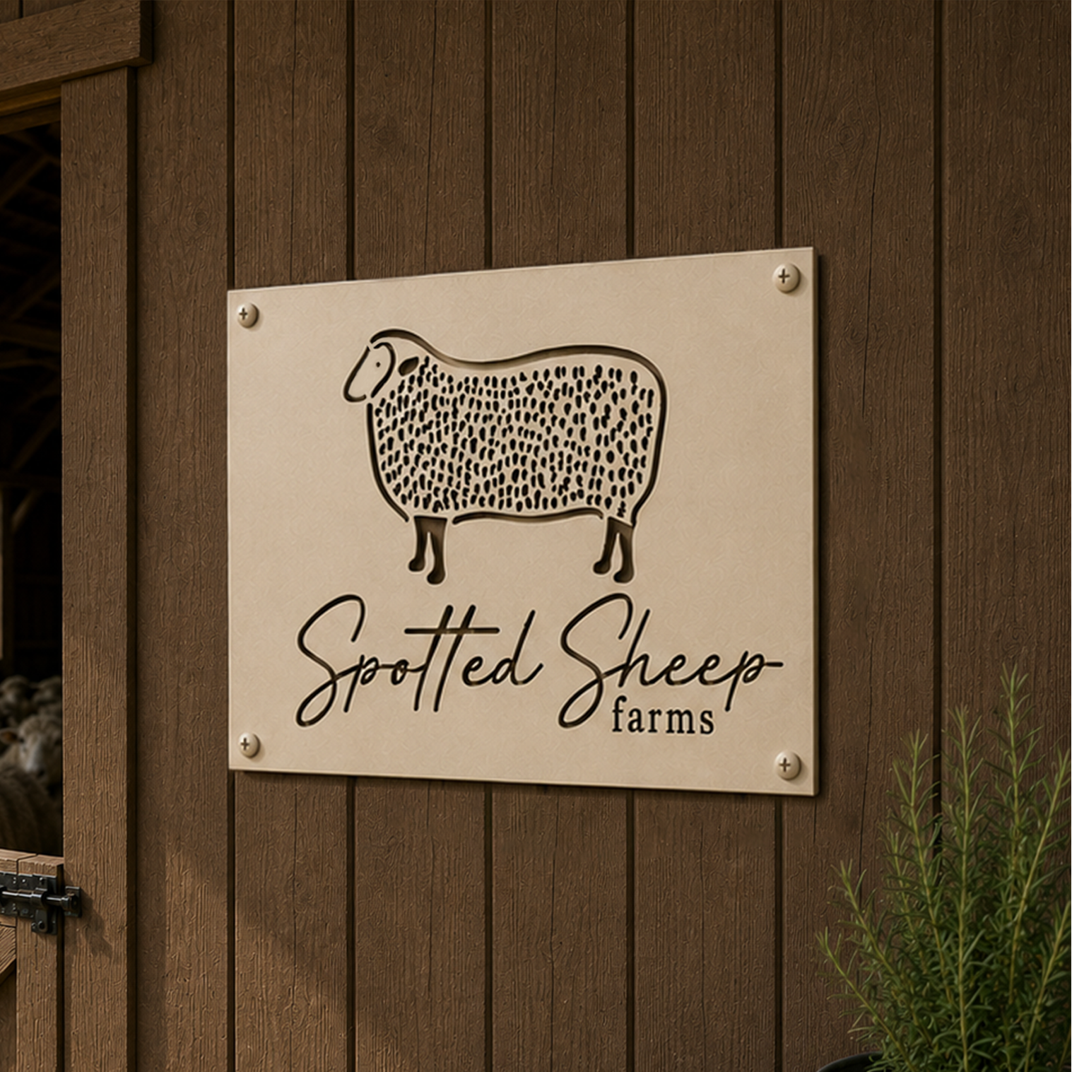 Cream spotted sheep farm metal wall art mounted on dark wood barn wall with sheep barn and wool basket nearby