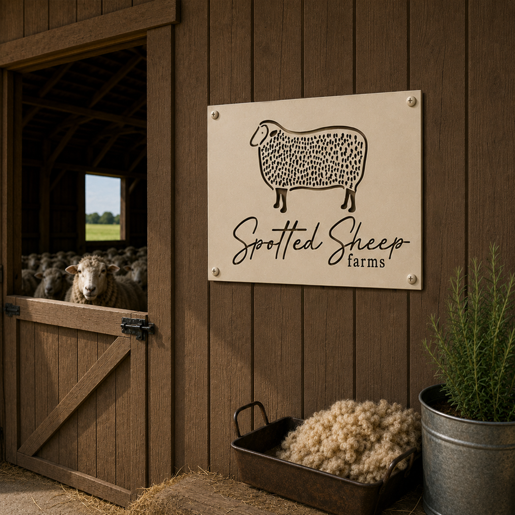 Cream spotted sheep farm metal wall art mounted on dark wood barn wall with sheep barn and wool basket nearby