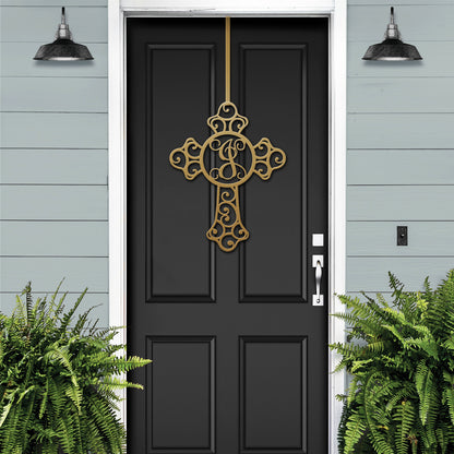 Custom Swirl Monogram Cross Door Sign - Personalized Metal Sign crafted from durable steel, featuring a stylish cross design with a monogram letter, ideal for enhancing your home or garden décor.