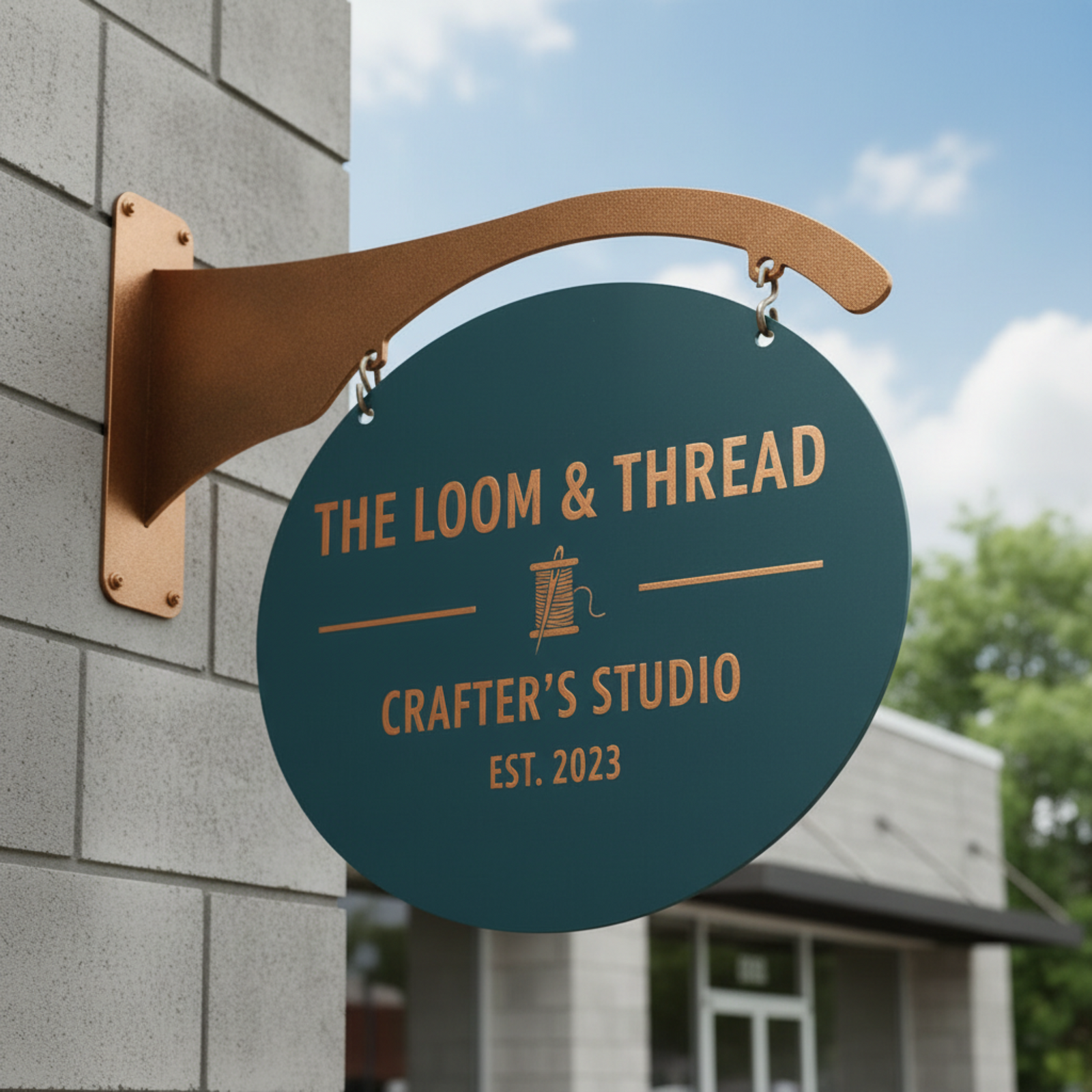 Blue Custom Double-Sided Metal Blade Sign mounted perpendicular on a gray brick wall with "The Loom & Thread Crafter's Studio" logo | Projecting Storefront Sign
front-door-outdoor-sign-house-sensations
