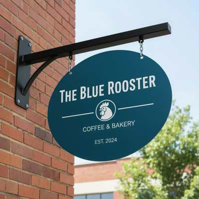 Blue Custom Double-Sided Metal Blade Sign Mounted perpendicular to a brown brick wall with a "the Blue Rooster coffee and bakery" logo | Projecting Storefront Sign
front-door-outdoor-sign-house-sensations-art